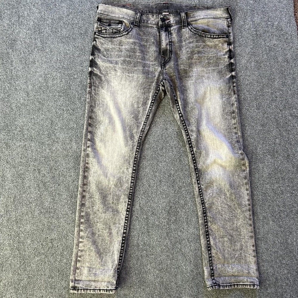 True Religion Jeans Men 42x34 Gray Acid Wash Skinny Stretch World Tour Flap T